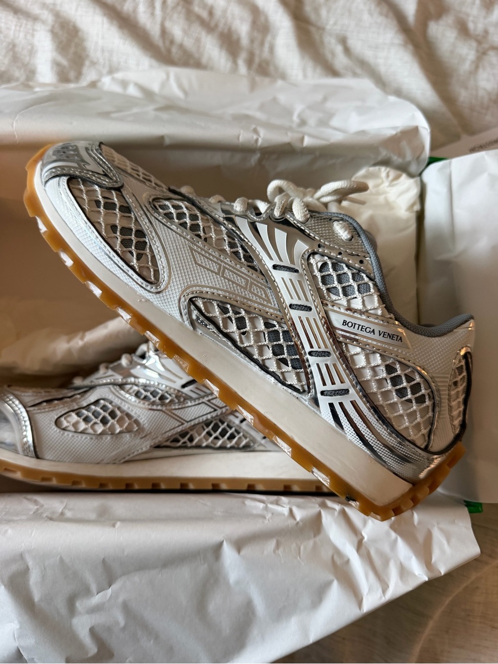 Bottega Veneta Men’s White and Silver Mesh Runner